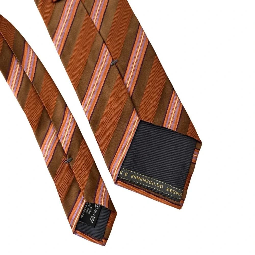 Ermenegildo Zegna Tie Silk Orange Brown Stripe Designer Made in Italy 3.75 x 58